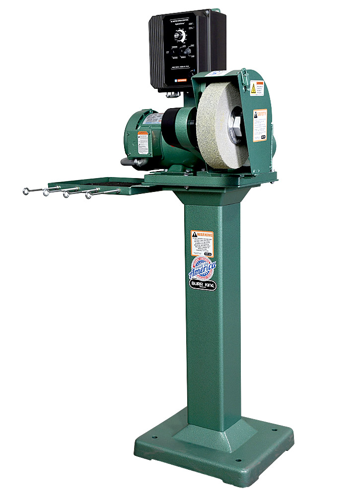 81110 model 800 polishing lathe / buffer / deburring machine with deburring wheel and DS8 dust scoop on 01 pedestal with the 760T-2 tool tray

120 volt variable speed 1.5 HP motor.